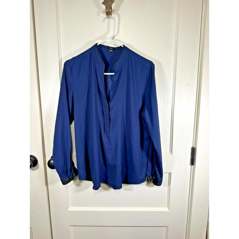 Ann Taylor Long‎ Sleeve Blouse, V-neck Dark Blue, Size LP